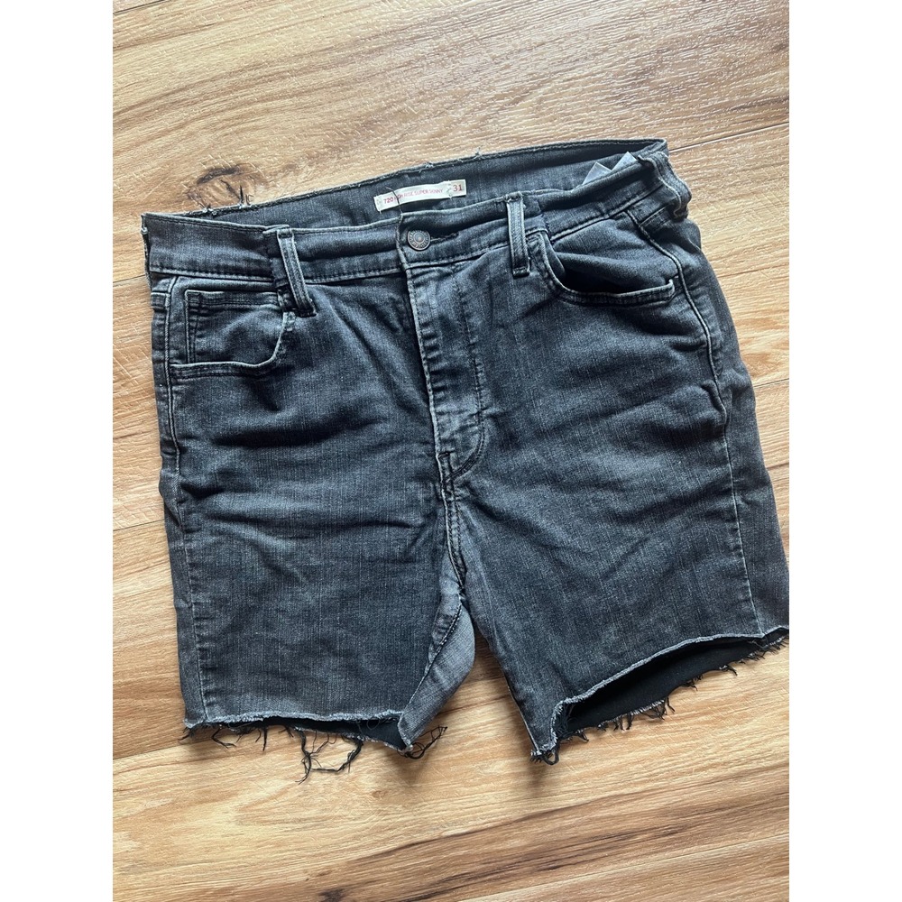 Levis Denim Shorts Wm 31 Black 720 High Rise Super Skinny Raw Hem Distressed